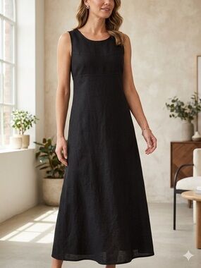 Classic Black 100% Linen Sleeveless A-Line Maxi Dress by Lands ‘ End